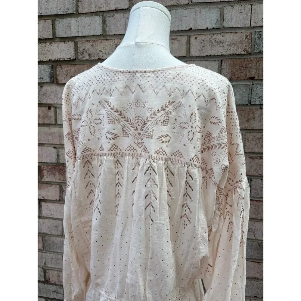 Free People Counting Stars Peplum Top Large Cream Gold Metallic Ruffle Peasant